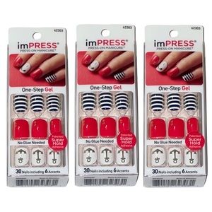 ImPress Press-On Short Length Red White & Blue Nautical Design Nails 3 New Packs